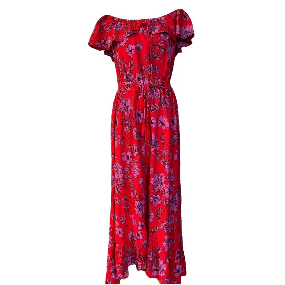 BOG Collective Floral Maxi Dress Sz L Off The Shoulder Ruffles Red Purple Boho